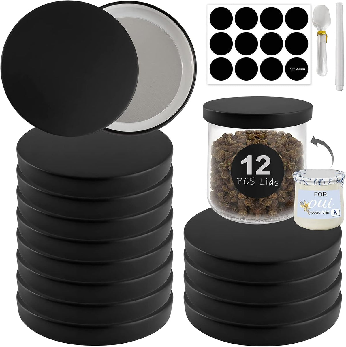 Oui Yogurt Jar Lids metal - 12 Pack Oui Lids Black lids with gasket for Yoplait Yogurt Containerâ€¦