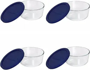 Pyrex Storage 4-Cup Round Dish with Dark Blue Plastic Cover, Clear (Case of 4 Containers)