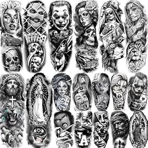 18 Sheets Chicano Full Arm Temporary Tattoos For Men Women Thigh, Chicana Guadalupe Joker Gangster Nun Girl Fake Sleeve Tattoos For Adults, Temp Bulk Jesus Christ Halloween Tattoo Stickers Prison