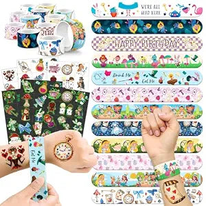 96 Pcs Alice Party Favor Set - Slap Bracelets & Tattoos, Fairytale Princess Birthday Gifts for Girls, Tea Party Decorations, Bulk Toys for Kids