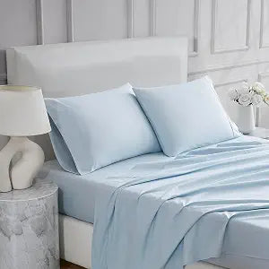Linen Closet 3 Pcs 100% Cotton Twin Sheets Set, Light Blue, 400 Thread Count, Percale Weave, Deep Pocket Fitted Sheet, Fits Up To 18" Mattress, Crisp & Cooling Bed Sheets for Home, Dorm & Hotel Use