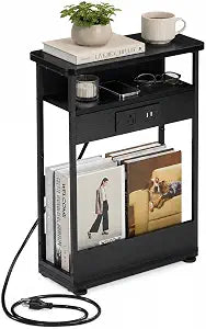 Narrow Side Table with Charging Station Small Spaces Narrow End Table