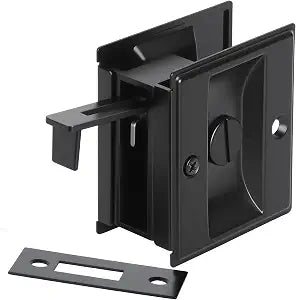 WellMade Pocket Door Lock with Privacy Latch, Matte Black Flush Mount Sliding Door Handle with Pull, Heavy Duty Stainless Steel Hardware for Bedroom Bathroom, Fits 1-3/8" Doors