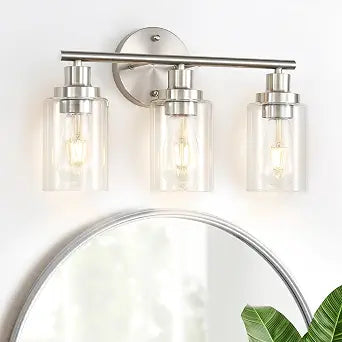 Vanity Wall Light Fixtures, Modern 3 Lights Wall Sconce with Clear Glass Shade, Brushed Nickel Farmhouse Wall Lamp for Bathroom Mirror Kitchen Porch Living Room Workshop (E26 Base)