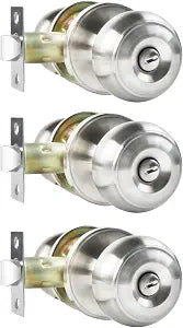 RAZCC Privacy Door Knobs, 3 Pack Satin Nickel Door Knobs with Lock, Bed and Bath Door Knob Interior Keyless Locksets, Round Door Handles Reversible for Left Right Handed Doors