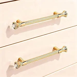4 Pack Kitchen Cabinet Handles Gold, Crystal Dresser Drawer Pulls, Modern Bathroom Cabinet Handles, Kitchen Hardware for cabinets, Zinc Alloy Pull (4, Gold, 5.04"(128mm) Hole Center)