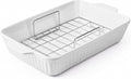 DOWAN 9x13'' Baking Dish with Handles Rack, Deep Ceramic Casserole Pan & Stainless Steel Roasting Rack for Oven, Chicken & Meat Resting, Ceramic Lasagna Pan, Dishwasher & Microwave Oven Safe-White