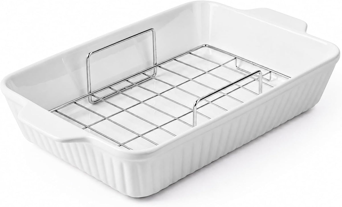 DOWAN 9x13'' Baking Dish with Handles Rack, Deep Ceramic Casserole Pan & Stainless Steel Roasting Rack for Oven, Chicken & Meat Resting, Ceramic Lasagna Pan, Dishwasher & Microwave Oven Safe-White