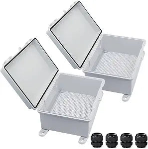 Waterproof Outdoor Electrical Box Junction Box Weatherproof IP67 ABS Plastic Enclosure Switch Router Project Box with Mounting Plate with Wall Bracket 2 Cable Glands Grey 8.7"x6.7"x4.3" 2PCS
