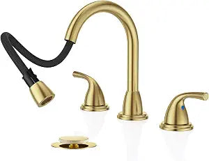Phiestina Pull Down Sprayer Bathroom Faucet, Brushed Gold 8 Inch 3 Hole Widespread Pull Out Bathroom Faucet, with Pop Up Drain and Water Supply Line,BF04008-B11-BG