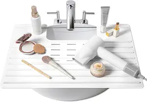 Maplefield Bathroom Sink Cover & Silicone Makeup Mat - White, 22" x 15" x 2" Inches - Heat Resistant to 400F - Foldable Roll-Up Design with Raised Ridges - Space-Saving Countertop Mat
