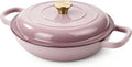 Vintage Style 3 Quart Enameled Cast Iron Braiser, Non Stick Enameled Cast Iron Skillet with Lid, Dutch Oven Skillet with lid up to 500F for Oven, Stove, Grill, Shallow Dutch Oven for Cook, Bake (Pink)