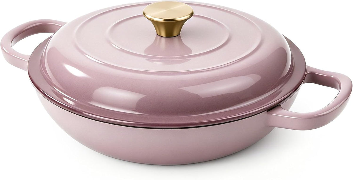 Vintage Style 3 Quart Enameled Cast Iron Braiser, Non Stick Enameled Cast Iron Skillet with Lid, Dutch Oven Skillet with lid up to 500F for Oven, Stove, Grill, Shallow Dutch Oven for Cook, Bake (Pink)