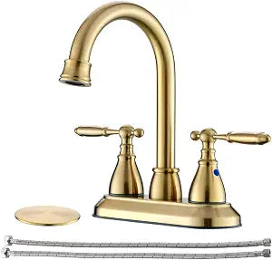 Brushed Gold Bathroom Faucet with Pop-up Drain Assembly, 2 Handles Centerset Bathroom Sink Faucet 4 Inch with 360 Swivel Spout, Stainless Steel Faucet for Vanity Sink with Water Supply Lines
