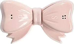 Paris Hilton 3-Piece Bow Shaped Salt and Pepper Shaker Set, Iconic Ceramic Stoneware With Matching Tray, Pink