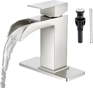 Faustina Brushed Nickel Waterfall Bathroom Faucet, Single Handle Wide Spout Stainless Steel Vanity Faucet with Pop Up Drain & Deck Plate for 1 or 3 Hole