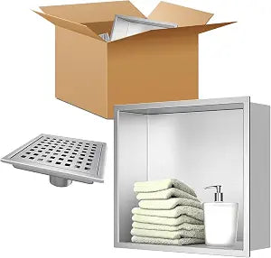Shower Niche & Linear Shower Drain, 12 * 12 Stainless Steel Recessed Shower Niche with 4" Shower Drain, No-Tile Bathroom Organizer & Fast Drainage (Shower Niche+Square Shower Drain)