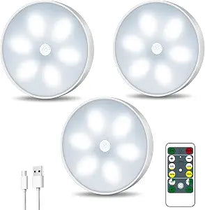 Lightbiz LED Closet Lights Wireless Motion Sensor Puck Light, Newest Version USB Rechargeable Dimmer Step Light with Remote, Night Safe Lighting for Under Cabinet, Kitchen, Hallway, Stairs (3 Pack)