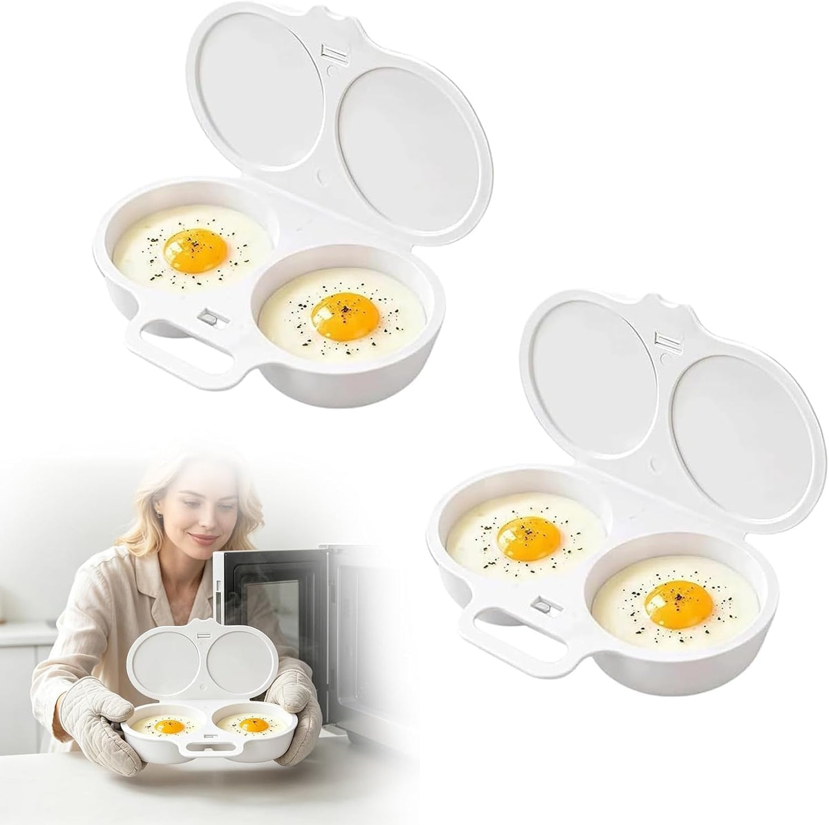 2Pcs Microwave Egg Poacher With Lid & Handle, Dual Cavity Microwave Egg Cooker,Quick-Heat Nonstick Microwave Egg Cooker for 2 Eggs