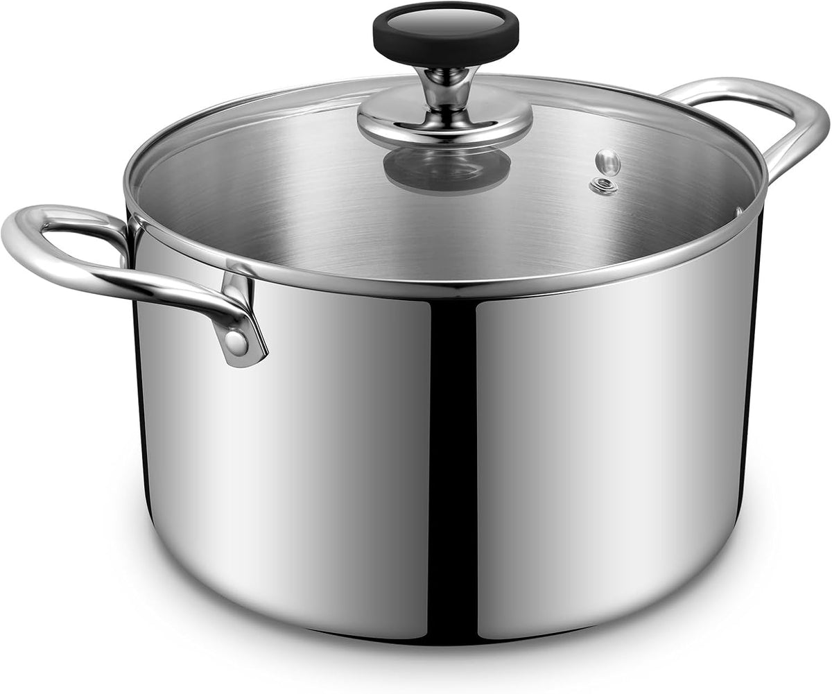 Tri-Ply Stainless Steel Stock Pot, 6.5 Quart Heavy Duty Induction Cooking Pot with Visible Lid for Pasta, Soup, Spaghetti, Sturdy & Double Handle, Dishwasher Safe