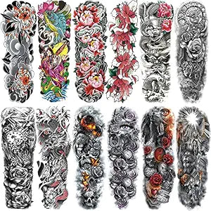 Temporary Tattoos Sleeves, 12 Sheets (L19ï¿½ï¿½ï¿½xW7ï¿½ï¿½ï¿½) Full arm temporary tattoos, Sleeve Tattoos for Men and