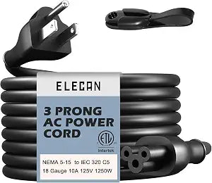 Elecan Mickey Mouse Replacement Laptop Power Cord 15 Ft, Seamless 5-15P to IEC 320 C5 3-Prong Universal AC Printer Cable for PC Notebook Charger Dell HP LG TV Monitor, 18AWG 125V, ETL+ Organizer