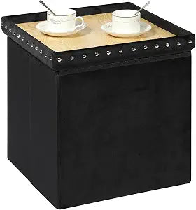 B FSOBEIIALEO Storage Ottoman Cube, 15.7" Velvet Folding Ottoman, Black