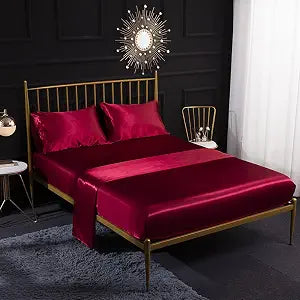 Thmyo Queen Sheets Set Luxury Satin Bed Sheet, Red, 4 Pieces
