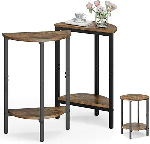 Vagusicc Side Table, Small Round End Table, Set of 2 Half Round Side Table for Living Room, 2 Tier Small Couch Side Tables, Round Coffee Table, Thin Accent Sofa Table Narrow Entryway Table, Brown