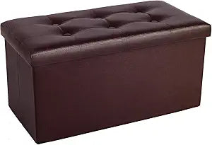 COSYLAND Ottoman Bench with Storage large-30x15x15in Folding Leather Ottoman, Rectangle Foot Stool Foldable Storage Chest Footrest Footstool Collapsible with Lid for Bedroom Living Room Brown