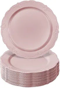 Silver Spoons Disposable Plates For Party - (10 Piece) Heavy Duty Disposable Dinner Set, Pink, Great for Upscaled Wedding, Dining & Serving, Vintage Collection, Blush, Dessert Plates