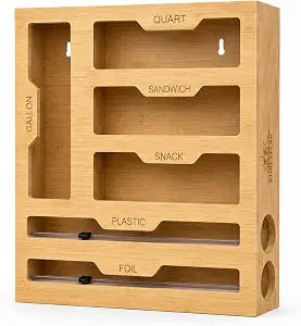 Bamboo 6-in-1 Foil and Plastic Wrap Organizer for Kitchen Drawers, Multi-Slot Dispenser for Bags, Rolls, Wraps, and Organized Everyday Food Preparation and Storage for Home Use
