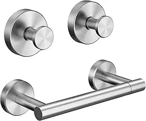 RARXTR 3PCS Bathroom Hardware Set, Brushed Nickel Wall Mounted Toilet Paper Holder, 2 Suction Cup Towel Hooks, Bathroom Accessories SUS 304 Stainless Steel, Rust-Proof, Modern