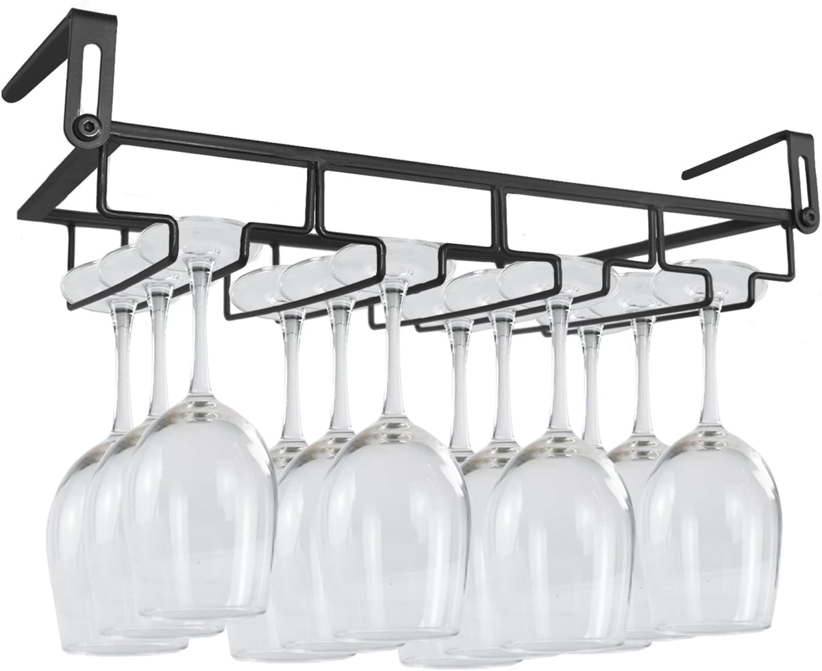 Adjustable Under Cabinet Stemware Holder - Metal Wine Glass Hanger Organizer for Kitchen, Bar, Shelf - Rustproof Hanging Storage Rack for 6-8 Glasses - Space Saving Decor (Black, 4 Rows)