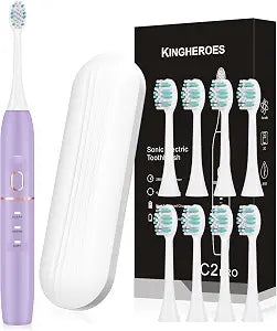 kingheroes Electric Toothbrush Set, Comes with 8 Brush Heads & Travel Case,4 Modes with 2 Minutes Built in Smart Timer, One Charge for 60 Days, 42000 VPM Motor (Purple)