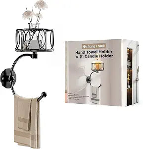 Hand Towel Holder for Bathroom, Towel Hooks for Bathroom with Candle Holder, Wall Mounted Towel Hook for Hanging, Rustic Wall Towel Ring, Towel Racks for Bathroom Decor and Accessories, Black