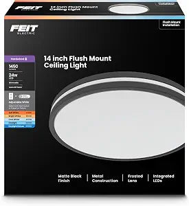 Feit Electric 14" Adjustable White LED Ceiling Fixture, Dimmable Flush Mount Light, Selectable Color Temperature, Matte Black Dual-Banded Finish, Energy Efficient, 50,000-Hour Lifespan, FM14/DR/6WY/BK