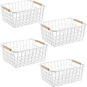 LeleCAT White Wire Baskets for Organizing with HandlesPantry Organizers and Storage For Kitchen, Household Snack Basket for Cabinets, Closets, Bedrooms,food - Set of 4(White)