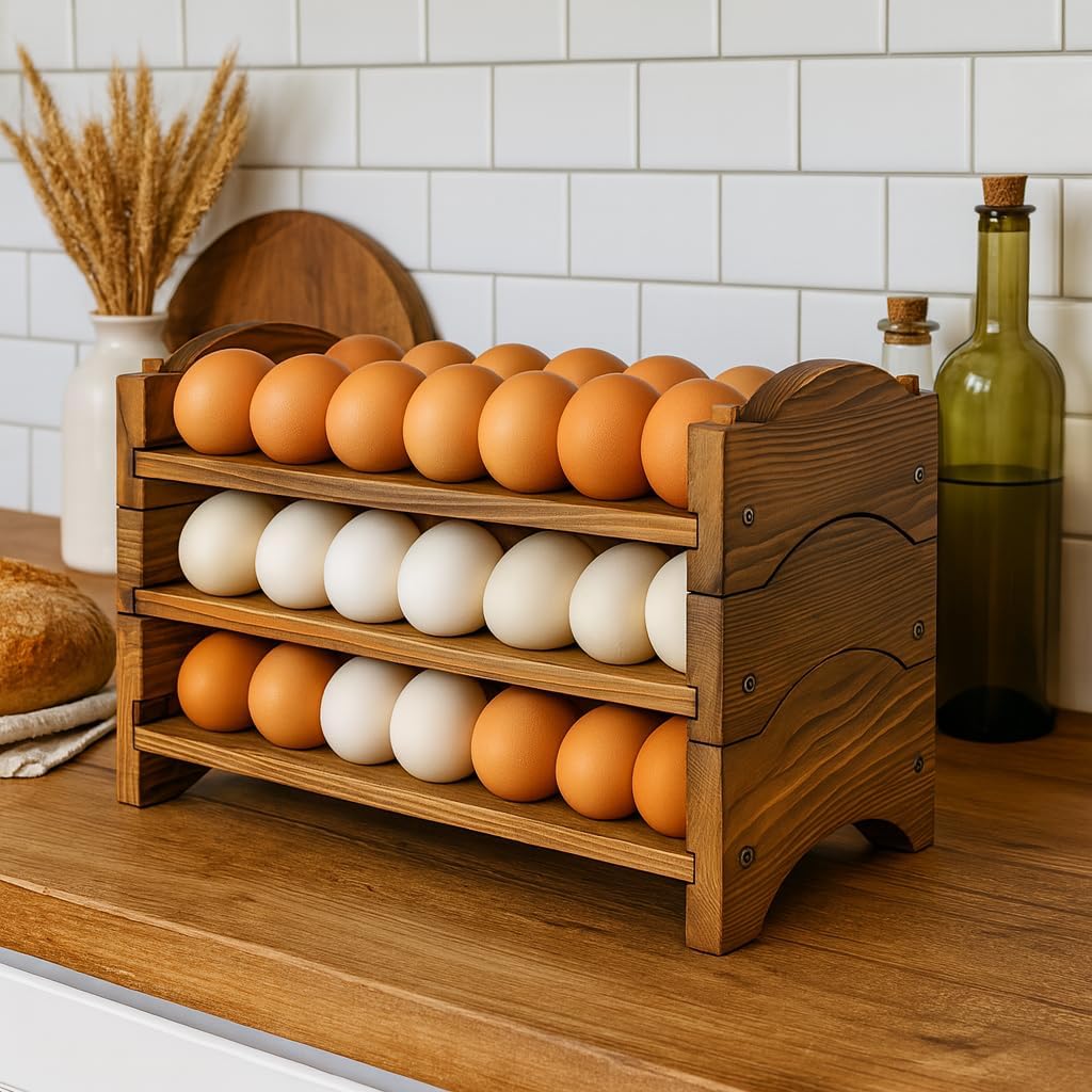 Egg Holder for Countertop, 3-Tier Wooden Rack, Holds 54 Fresh Eggs