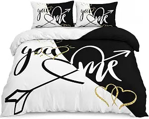 AILONEN Couple You and Me Duvet Cover Set Queen Size,3 Pieces Black and White Comforter Cover Set,Love Hearts Print Quilt Cover with 2 Pillowcases