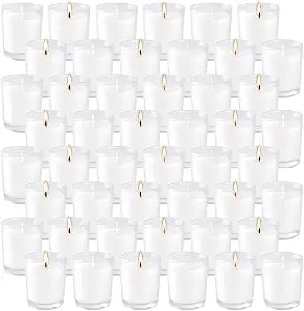 Set of 48 White Votive Candles,Unscented Candles Filled in Clear Glass,Ideal Gift for Weddings,Emergency Lighting,Aromatherapy,Holidays,Meditation,Parties