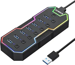 USB Hub 7 Port, RGB LED Strip USB Splitter for Laptop Gaming