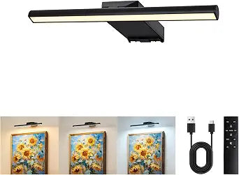 9'' Picture Light for Wall, 5000mAh Rechargeable Wall Lights, 3 Colors, Stepless Dimmable LED Art Painting Light with Remote, 4 Timers for Gallery, Living Room, Bedroom, Hallway (Black)
