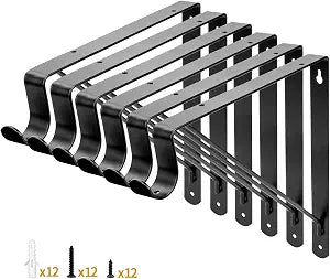 Yarssihha 6 Pack Closet Rod Bracket, 12 x 10.4 Inch Wall Mounted Closet Shelf Bracket, Black Closet Rod Support Bracket with Screws