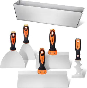 VEVOR Drywall Knife Set, 6 PCS Drywall Tools Includes 3" Painter Scraper, Two Putty Knives, Two Taping Knives and 12" Mud Pan, Stainless Steel Spackle Tool, Drywall Finishing Tools for Home