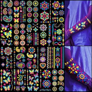 Glow in the Dark Tattoos 256+ PCS ï¿½ï¿½ï¿½ï¿½ï¿½ï¿½ï¿½ï¿½ï¿½ Luminous Party Supplies Neon Body Paint UV Face Temporary Tattoos for Adults Teens, 32 Sheets Neon Accessories Carnival Raves Pa