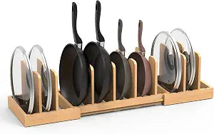 Bamboo Expandable Pot Lid Organizer, Pots and Pans Holder Rack for Cabinet