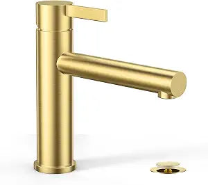 Phiestina Single Hole Brushed Gold Single Handle Bathroom Sink Faucet, Modern Bathroom Faucet with Metal Pop-up Drain & Water Supply Line, FH01-BG