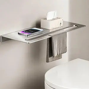 Stainless Steel Bathroom Shelf with Towel Bar, 20 Inch Heavy Duty Metal Floating Shelf, Premium 304 Wall Mounted Bath Towel Rack, Modern Minimalist Storage Organizer for Small Space (Silver)