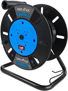 Heavy Duty Extension Cord Storage Reel, 4 Grounded Outlets, 10A Circuit Breaker, Rocker Power Switch, Retractable Hand Wind, Open Cord Reel for 12/3, 14/3, or 16/3 Gauge Power Cord, Blue